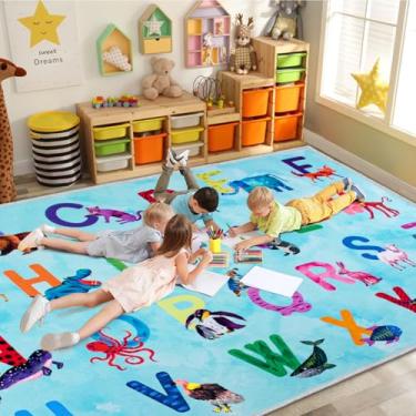 Imagem de Truqual Tapete de sala de aula, grande, alfabeto para sala de aula, primário, lavável à máquina, tapete para brincar e aprender, tapetes de berçário para quarto de crianças pequenas