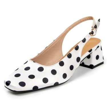 Imagem de qibusleen Sapato feminino de bolinhas com alças nas costas, confortável, salto baixo de cetim, para festa de casamento, formatura, bico quadrado, preto, branco, formal, com tira no tornozelo, escarpim