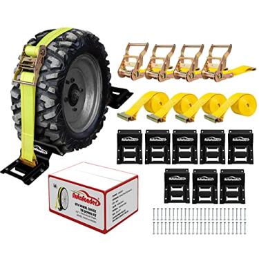 Imagem de Autofonder Kit de amarração de calço de roda (resistência à ruptura) Sistema de tiras de pneu de reboque resistente para ATV, UTV, cortador de grama e mais - Acessórios de amarração de catraca com trilho E para quatro rodas