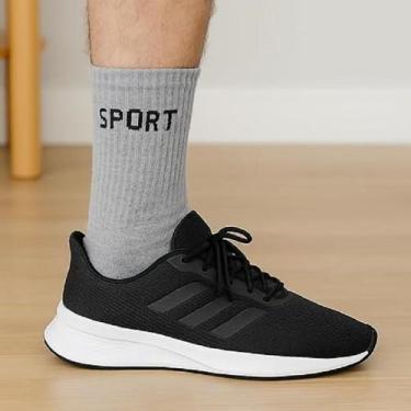 Imagem de Kit 12 Pares Meias Cinzas e Pretas Cano Alto Longo Sport Algodão