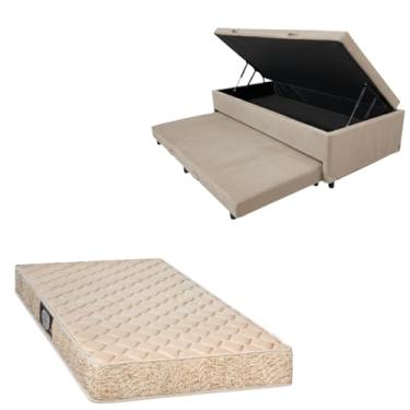 Imagem de Cama Box Baú Solteiro com Auxiliar (Bicama) + Colchão de Espuma Toulon D33 | Kit Completo com Cabeceira Botonê Opcional | Diversas Cores (2, SUEDE BEGE, SEM CABECEIRA)