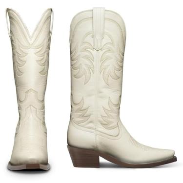 Imagem de HOCHFART Botas de cowboy ocidentais femininas cano alto até o joelho cano alto bordado bico fino salto grosso botas cowgirl, Branco, 36