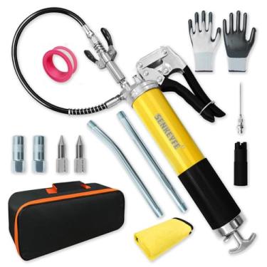 Imagem de SENKEYFE Kit de pistola de graxa versátil com capacidade de 396 g, pistola de graxa à prova de vazamento de 7000 PSI, mangueira de mola de 45 cm, bocal de alça dupla, acoplador, fita de teflon e