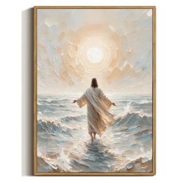 Imagem de ZZTCYSU Jesus Canvas Wall Art Christian Framed Wall Art Jesus Walking on Water Back Impressão Bíblica Moderna Arte de Fé Religiosa para Sala de Estar Quarto Igreja 40.6 cm x 61.0 cm Emoldurado
