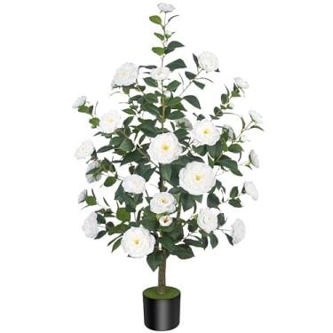 Imagem de HanJoy 1 pacote de camélias artificiais de 120 cm/3,94 pés com 36 flores brancas em vasos de cimento – árvores falsas realistas para varanda, casa, decoração de primavera interna ao ar livre