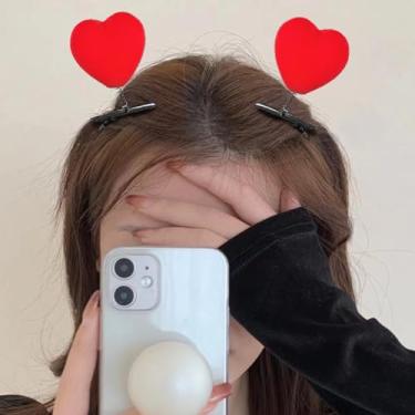 Imagem de 5 peças de grampos de cabelo com pingente de coração vermelho flocado feminino dia dos namorados engraçado mini bico de pato mola acessório de cabelo fofo, 5 * 6 cm