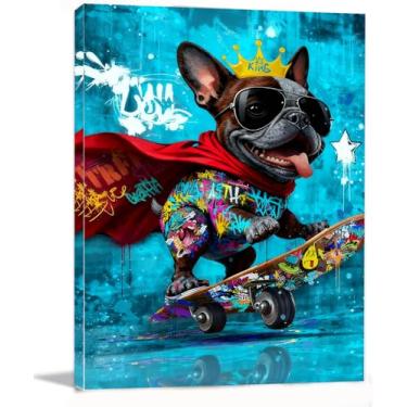 Imagem de 30,5 x 40,6 cm grafite azul skate buldogue tela galeria de arte de parede pôster emoldurado desenho animado cachorro pintura aquarela animais crianças crianças quarto fotos pop engraçado decoração de