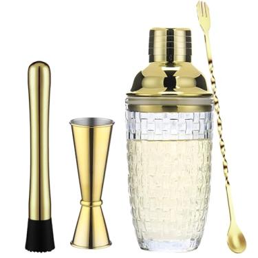 Imagem de Conjunto de coqueteleiras douradas de 4 peças, inclui copo de coquetel, agitador, quebra-gelo e copo medidor, 400 ml, design padrão para uso em bar