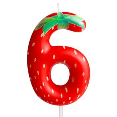 Imagem de Vela de aniversário número 6 de morango, decoração moderna de bolo de aniversário com tema de frutas, 6ª vela vermelha de morango, para meninas, presentes de aniversário, celebração, reuniões, artigos