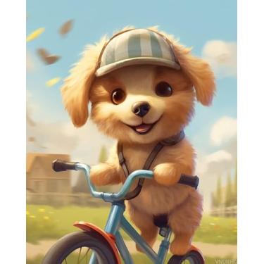 Imagem de VNUIEHG Kits de pintura por número, cachorro fofo, cachorro de bicicleta, paisagem rural com tintas e pincéis, presente para Ação de Graças, Natal, aniversário, ano novo, 40 x 50 cm