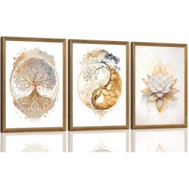 Imagem de ICHZUMW Arte de parede em tela Zen Tree of Life, decoração de parede para sala de ioga, pinturas abstratas de flor de lótus Yin Yang Taichi, imagens espirituais impressas, arte, sala de estar, quarto