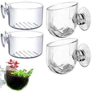 Imagem de 4 peças de vaso de plantas de aquário, suporte de plantas de aquário de vidro, copo de plantas de decoração de aquário com ventosas para enfeite de aquário de peixes, decoração de aquário, plantas de