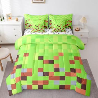 Imagem de Jogo de cama solteiro Pixelated Blocks infantil, 7 peças, gamepad mineiros, videogame, quadriculado geométrico, (1 edredom, 2 fronhas, 2 fronhas, 1 lençol de cima, 1 lençol com elástico)