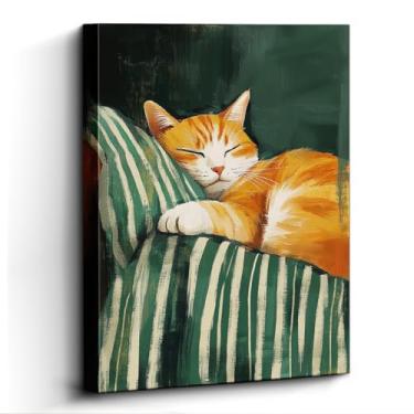 Imagem de WOXZQ Impressão artística de gato laranja dormindo – decoração de parede de papel laminado sem moldura de 30,5 x 38,8 cm – Retrato aconchegante de animal de estimação para sala de estar, quarto