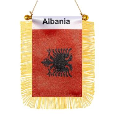 Imagem de JBSJBS Bandeira pendurada da Albânia mini bandeiras de janela de carro albanesas pequenas bandeiras de espelho retrovisor decoração bandeiras da Albânia com ventosa com franjas douradas dupla face 7,6
