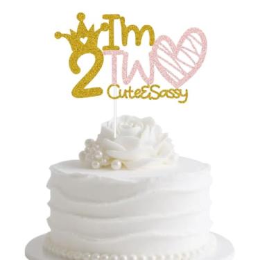 Imagem de I'm Two Cute & Sassy Cake Topper, Baby Girls 2nd Birthday Cake Decor, Two Sweet Party Decorations, Gold Pink Glitter