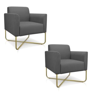 Imagem de 02 Poltronas Marisa Suede Grafite Base X Industrial Dourada