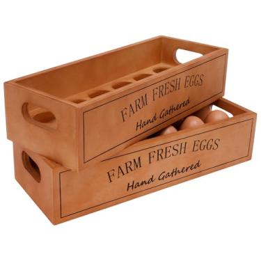 Imagem de 2 porta-ovos de madeira, caixa de madeira empilhável com alça, comporta 12 ovos por compartimento, caixa de armazenamento rústica portátil para supermercado de Páscoa, suprimentos de cozinha e fazenda