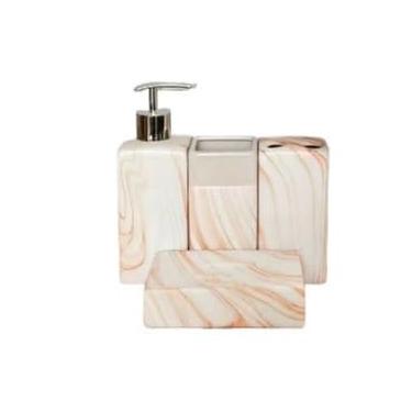 Imagem de Kit 4 Peças para Banheiro de cerâmica - saboneteira, porta-sabonete líquido, escova e xícara(Branco com Listras Marrom-kit4)