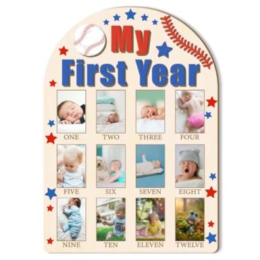 Imagem de ORIGACH Quadro de exibição de fotos My First Year Baby Growth, quadro de lembrança de madeira para recém-nascidos de 12 meses para decoração de primeiro aniversário e berçário, beisebol
