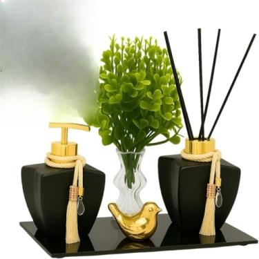 Imagem de Kit Lavabo Banheiro Vidro Estrela 280ml Luxo Completo com Bandeja London e Difusor(Preto fosco Pássarinho)