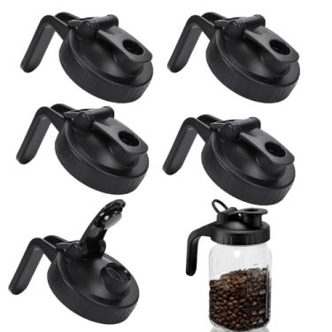 Imagem de Tampa de bico de boca larga – Pacote com 6 tampas herméticas pretas com alça, transforma seu pote de vidro em jarra, durável, fácil de limpar, adequado para potes de conserva