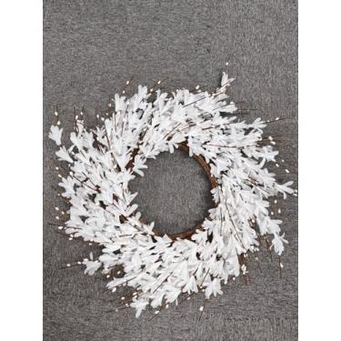 Imagem de GTIDEA Guirlanda de mola de 61 cm para porta da frente, guirlanda de flores artificiais de forsítia com frutas vermelhas para decoração de casa (branca)