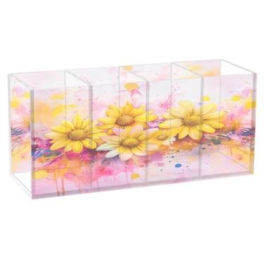 Imagem de SEHANY Porta-canetas de acrílico com flores silvestres coloridas, 4 compartimentos, porta-lápis transparente, organizador de pincéis de maquiagem, organizador de papelaria para escritório, casa
