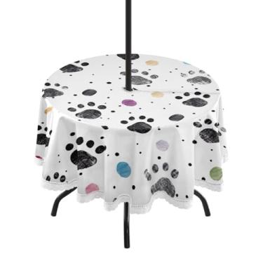 Imagem de Blueangle Toalha de mesa redonda impermeável com estampa de pata de cachorro de 152 cm com orifício para guarda-chuva – Tecido resistente à prova de sol para todos os climas para pátio, acampamento