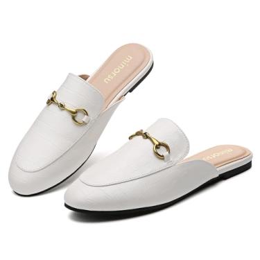 Imagem de Minorsu Mules femininos pretos com fivela com estampa animal – Palmilha de espuma viscoelástica – Salto baixo – Sapatos casuais, Stone Wihte, 41
