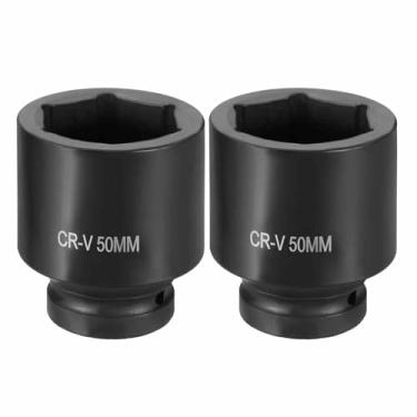 Imagem de HARFINGTON 2 soquetes de impacto de 6 pontos 2,5 cm soquete métrico de 50 mm CR-V soquete sextavado de eixo de aço para reparo de porcas de eixo de máquina, preto