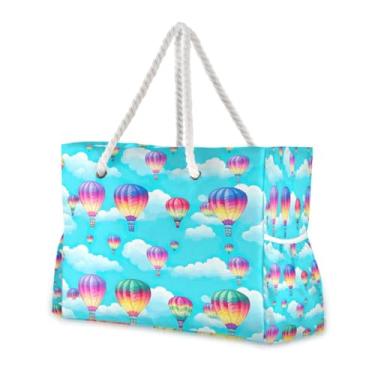 Imagem de Wassud Bolsa de praia grande com balão quente para mulheres, impermeável, à prova de areia, bolsa de viagem com zíper e bolso para piscina, academia, acampamento