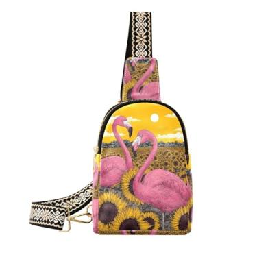 Imagem de CEBUGI Flamingos Girassol Pequena Bolsa Feminina de Couro Crossbody Pochete Bolsa de Peito para Caminhadas e Viagens ao Ar Livre