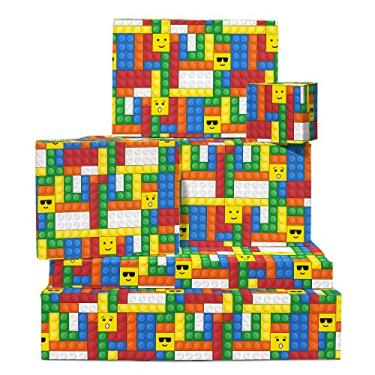 Imagem de CENTRAL 23 Embalagem de presente colorida – blocos de montar Lego – 6 folhas de papel de embrulho para aniversários e Natal de crianças – para meninos e meninas – vem com adesivos divertidos