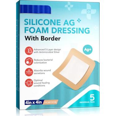 Imagem de Curativo de espuma de silicone para feridas estéreis com borda adesiva de silicone suave à prova d'água (5 pacotes), almofadas ultra absorventes respiráveis de 10 x 10 cm (10 x 10 cm (pacote com 5)