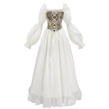 Imagem de NSPSTT Vestido renascentista branco feminino vestido de fada vitoriana medieval, damasco de fada, 2GG