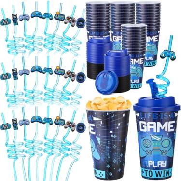 Imagem de Yungyan 36 conjuntos de copos de lembrancinhas de festa de videogame com tampas e canudos para decorações de aniversário reutilizáveis 473 ml Copos de plástico para doces canudos de plástico para