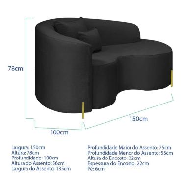 Imagem de Divã Recamier Curvo Sala De Estar Recepção Inglaterra 150cm Pés Metal Dourado Lado Direito Bouclé Preto