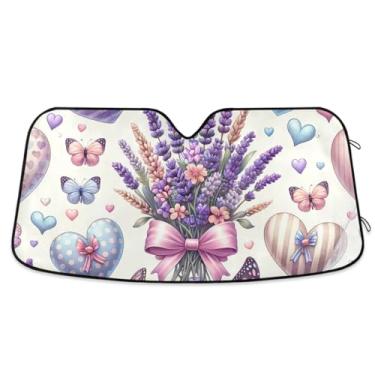 Imagem de Guarda-sol de carro lavanda corações e borboletas para-brisa UV sol e refletor de calor cobertura completa para a maioria dos veículos
