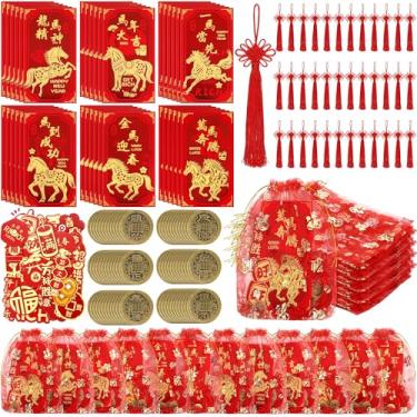 Imagem de Aneco 232 peças de envelopes vermelhos de Ano Novo Lunar 2026 Conjunto de Envelopes de Ano Novo Chinês do Cavalo com Moedas da Sorte Adesivos de Organza Sacos de Papel Hong Bao Pacotes de Papel para