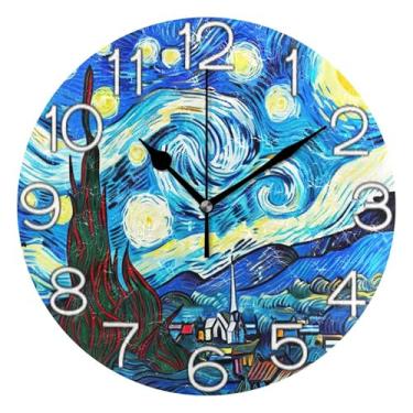 Imagem de GAIGEO Relógio de parede analógico decorativo redondo sem tique-taque silencioso relógio de cozinha rústico, arte de parede moderna legal decoração de casa desenho animado azul estrelado, 25 cm