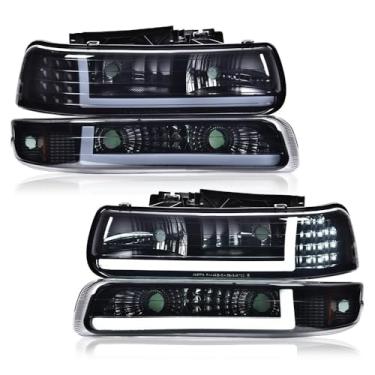Imagem de G-PLUS Conjunto de faróis de LED, compatível com Chevy Silverado 1999-2002, compatível com Chevy Tahoe/Suburban 1500 2500 2500 2000, para-choques, lentes esfumaçadas, alojamento preto, refletor âmbar