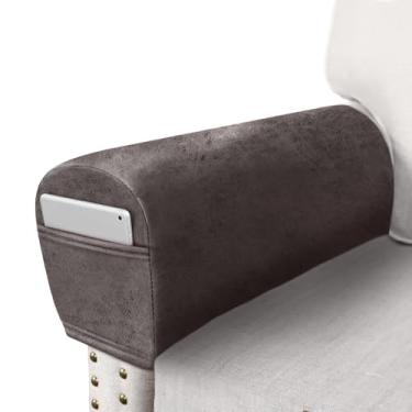 Imagem de ANARACHON Conjunto de 2 capas de braço de sofá de couro para poltrona, protetores de braço para sofá, cadeira, protetores de braço com bolsos, tecido de elastano lavável (médio, cáqui)