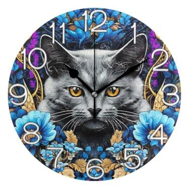 Imagem de GAIGEO Relógio de parede decorativo analógico para quarto e cozinha operado a pilhas, decoração de sala de estar, arte moderna, gato fofo, azul, flor roxa, 25 cm, ponteiros pretos