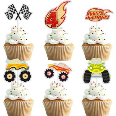 Imagem de 18pcs Big Truck Cupcake Toppers Kids 1st Car Themed Happy Birthday Checkered Flag Decorations, Boys and Girls Birthday Party, Transportation Themed Party, Baby Shower Smash Decoration Supplies (4th)