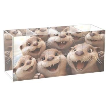 Imagem de TSENQUE Suporte de caneta floral personalizado para caneta de acrílico para mesa com lontras fofas, porta-pincéis de animais engraçados, copo de lápis estacionário, 20 cm x 6,3 cm x 9 cm