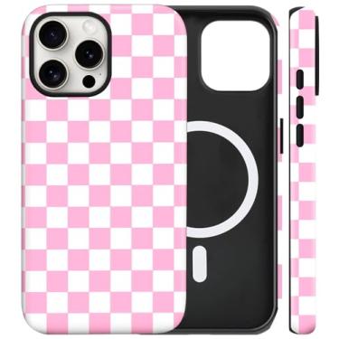 Imagem de flewfun Capa magnética para iPhone 16 Pro Max linda capa de telefone xadrez, TPU fino à prova de choque e capa protetora de policarbonato rígido compatível com MagSafe projetada para mulheres e