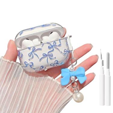 Imagem de MINSCOSE Capa para AirPods Pro 3ª geração (2025) com kit de limpeza, lindo design de laço de fita com lindo chaveiro de pérola, capa protetora de TPU macio à prova de choque para Airpods Pro 3-azul