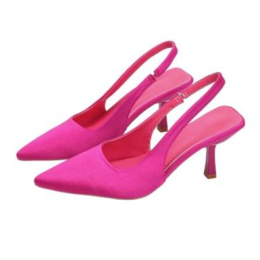 Imagem de Sapato feminino bico fino aberto nas costas salto alto bico fechado sem cadarço, Rosa choque, 34