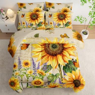 Imagem de AILONEN Jogo de edredom Queen amarelo girassol, cama macia de 7 peças em uma bolsa, edredom floral vintage luxuoso, lençol de cima e 2 fronhas, 2 fronhas para quarto